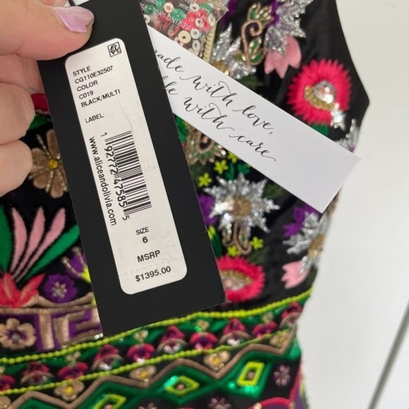 Alice + Olivia Tricia Embellished Mini Gown Dress Black/Multi Size 6 - Picture 7 of 9